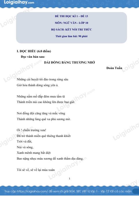 Đề thi học kì 1 Văn 10 Chân trời sáng tạo - Đề số 14